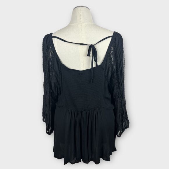 Torrid NWT Black Crochet Sleeve Sweetheart Neck Rayon Peplum Smocked Blouse 4X - Picture 6 of 11